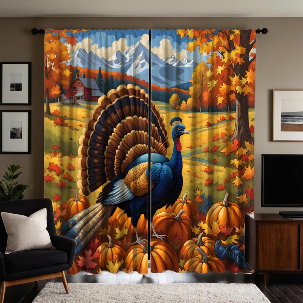 2pcs set HD Harvest Festival Garden pumpkin Maple flower peacock decorative curtain Yellow tie digital printed curtain Home d