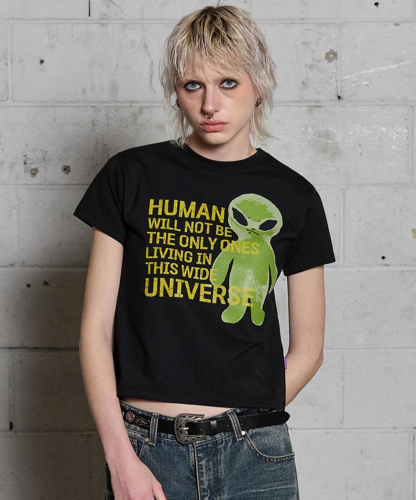HOODHOOD Alien Slogan Short Sleeve T-Shirt Black