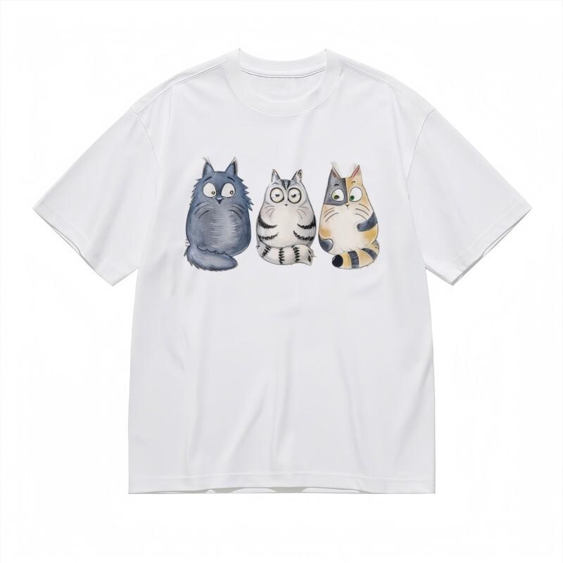 

Women s Breathable Classic T-Shirt Chubby Kitten Cartoon Printed WhiteCotton Tee L