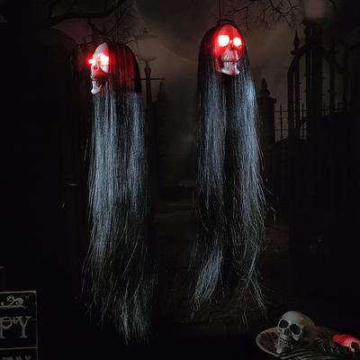 Halloween wisząca czaszka ducha z długimi włosami świecące oczy terroru czaszka duch dom głowa szkielet rekwizyty 2023 dekoracje na Halloween