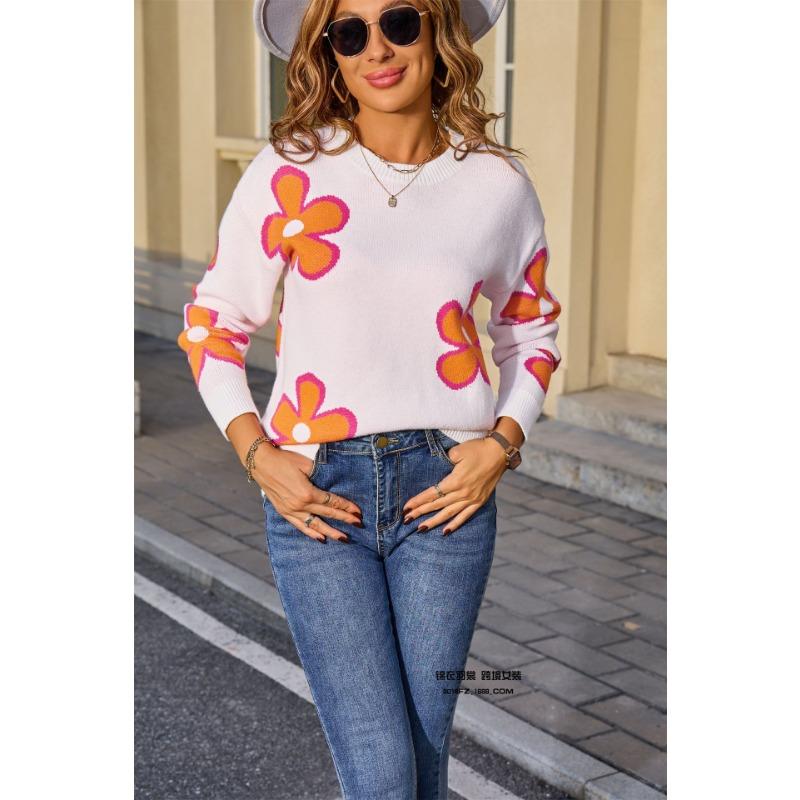 

Новый жаккардовый свитер свободного кроя с цветочным узором для женщин, модный контрастный свитер с круглым вырезом S белый