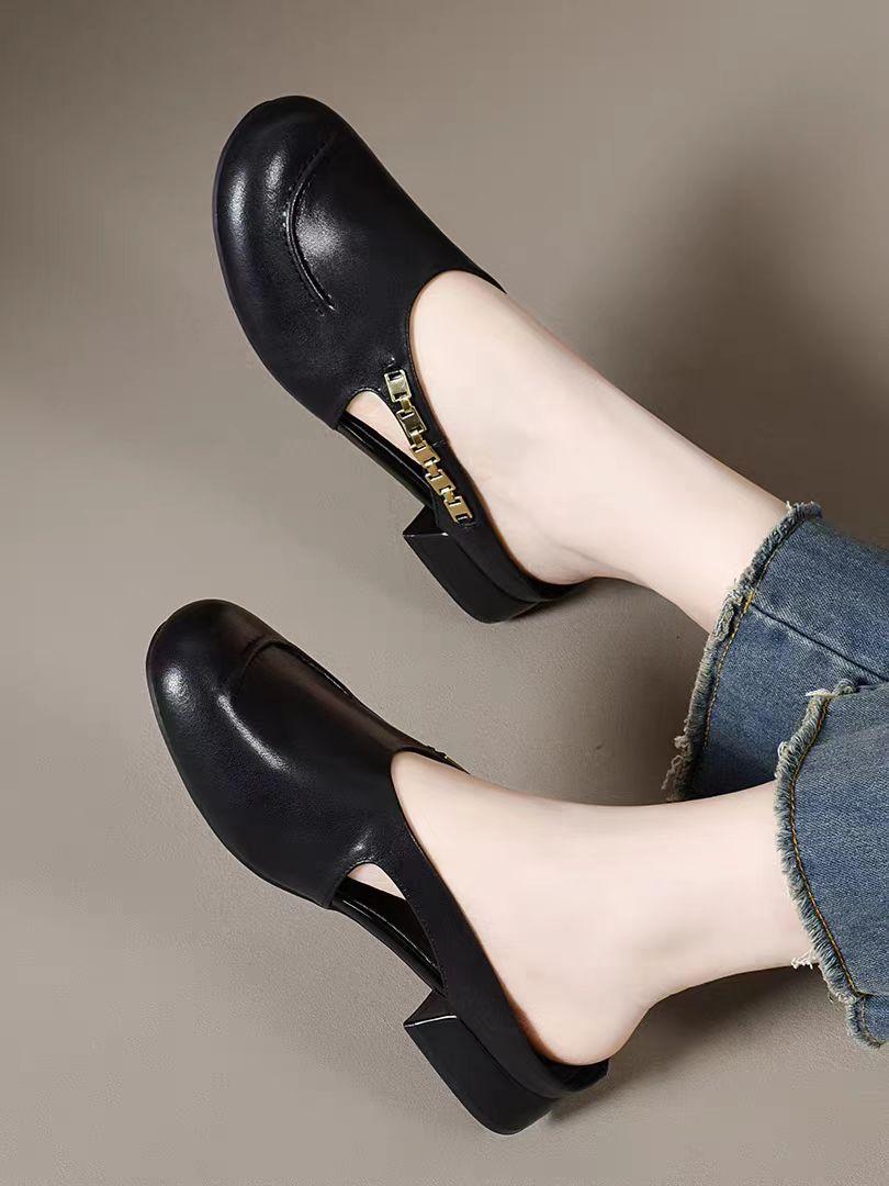 

Soft leather bag head half slippers women s 2025 summer new 3cm thick heel non-slip versatile fashion round head middle heel slippers 35 чёрный
