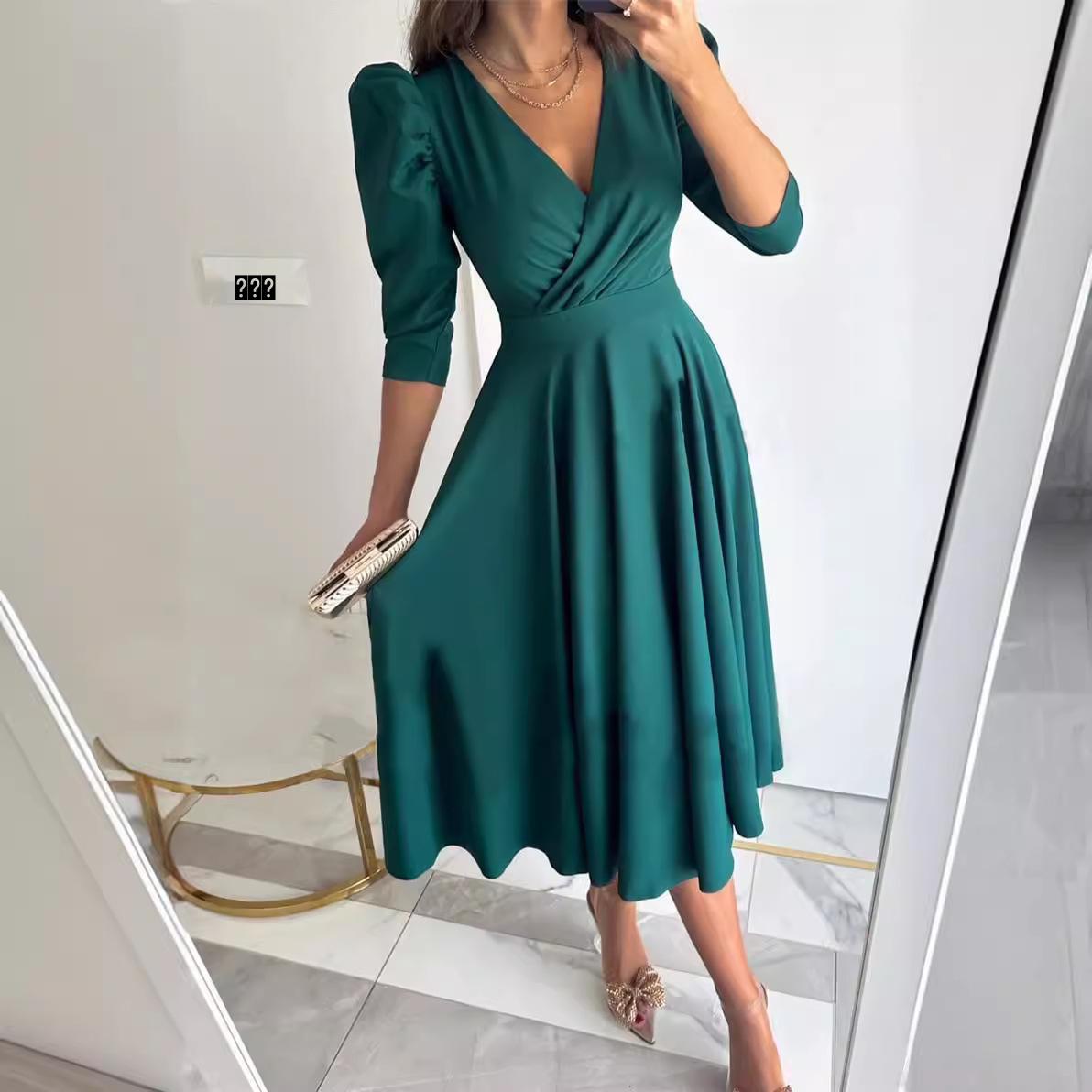 

Summer 2025 Solid Color V-Neck Waist-Tie Bubble Sleeve Swing Dress for Commuting XL зелений