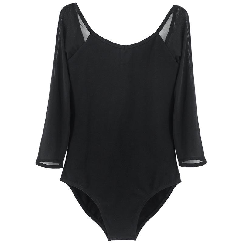 Women's Black Three-Quarter Sleeve Ballet Leotard for Dance Practice and Exams