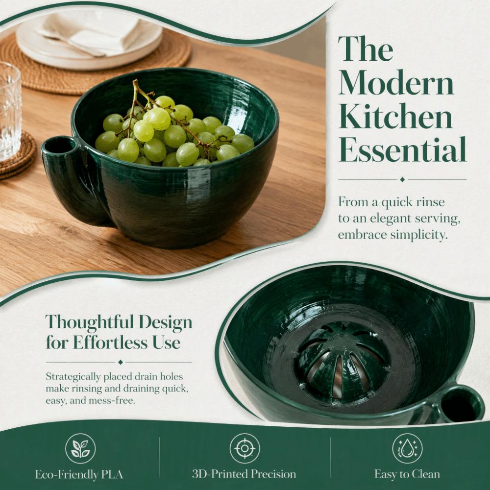3D Printed Berry Washing Bowl Colander Design PLA Material Fruit Washing Bowl Pine Green Finish Vegetable Washing Bowl