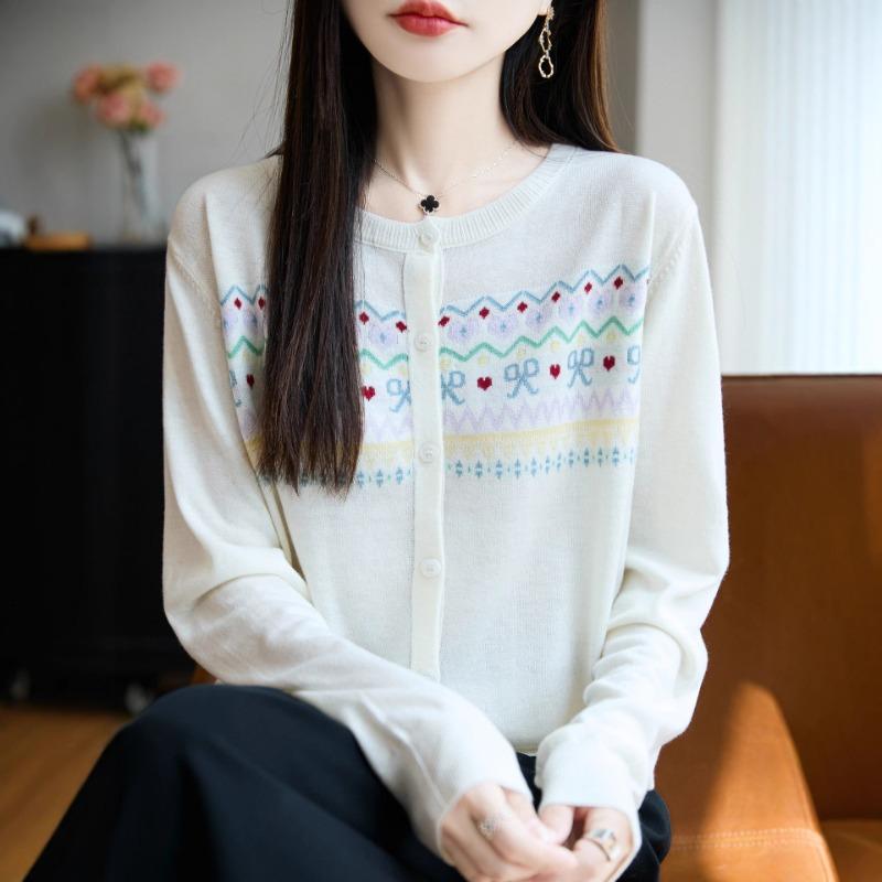 Kammgarn-Jacquard-Cardigan Damen Herbst und Winter neu Schleife Strickjacke sanfter Stil Design kurz