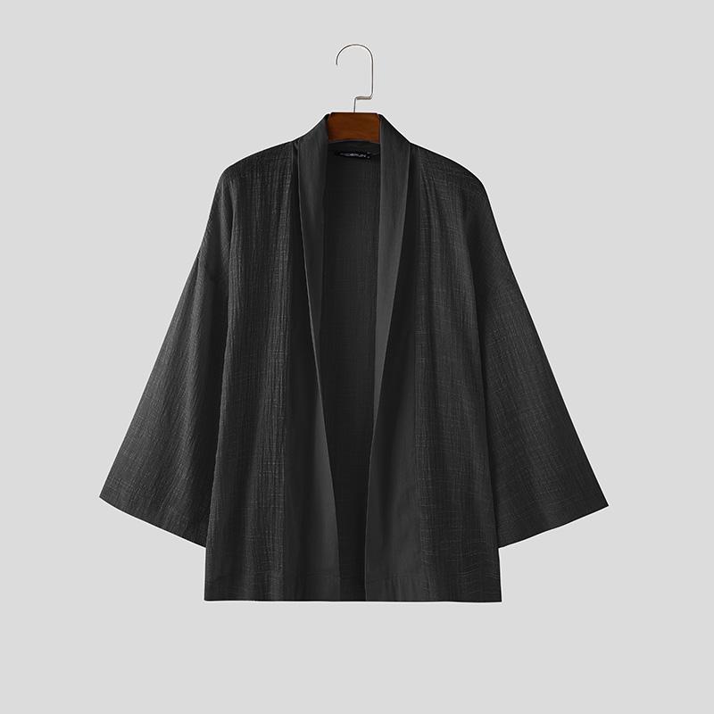 

INCERUN Oversized Men 3/4 Sleeve Open Front Casual Cotton Linen Tops Shirts 2XL чёрный