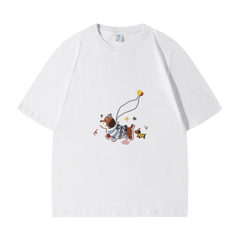 Puppy Print 100% Cotton Round Neck Short-Sleeved T-Shirt: Summer New Arrival for Mother-Daughter Matching