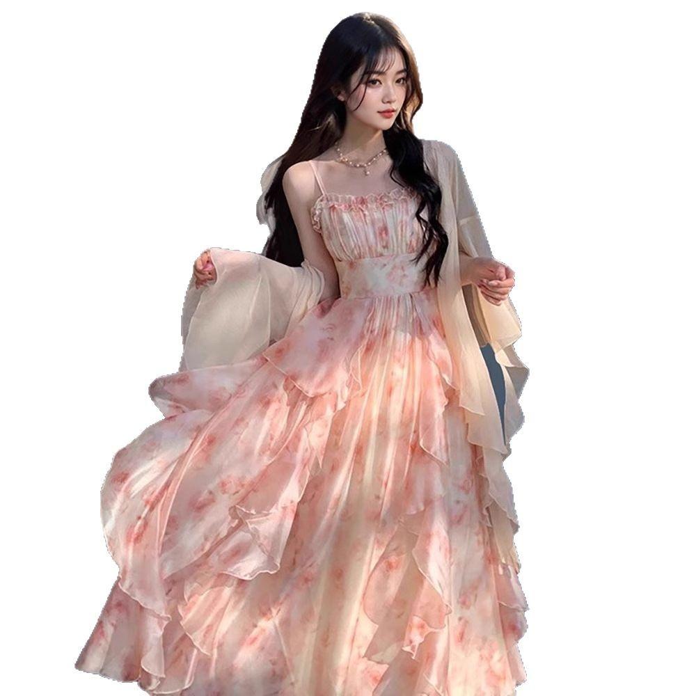 smudge printing fairy lace temperament waist ruffle edge suspender skirt summer fairy long skirt cardigan two-piece set