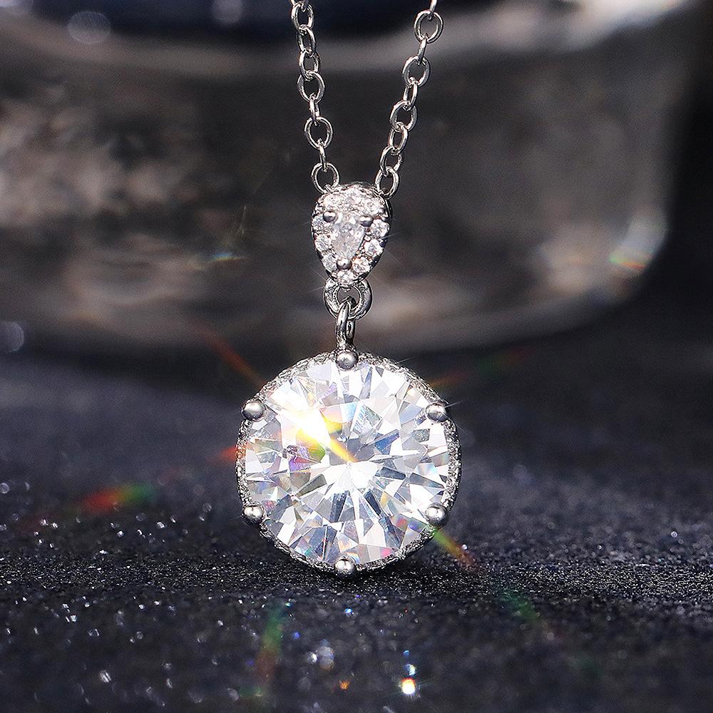 Two Style Round Big Center Stone Paved Bail Pendant Women Thin Cable Chain Clavicle Necklace