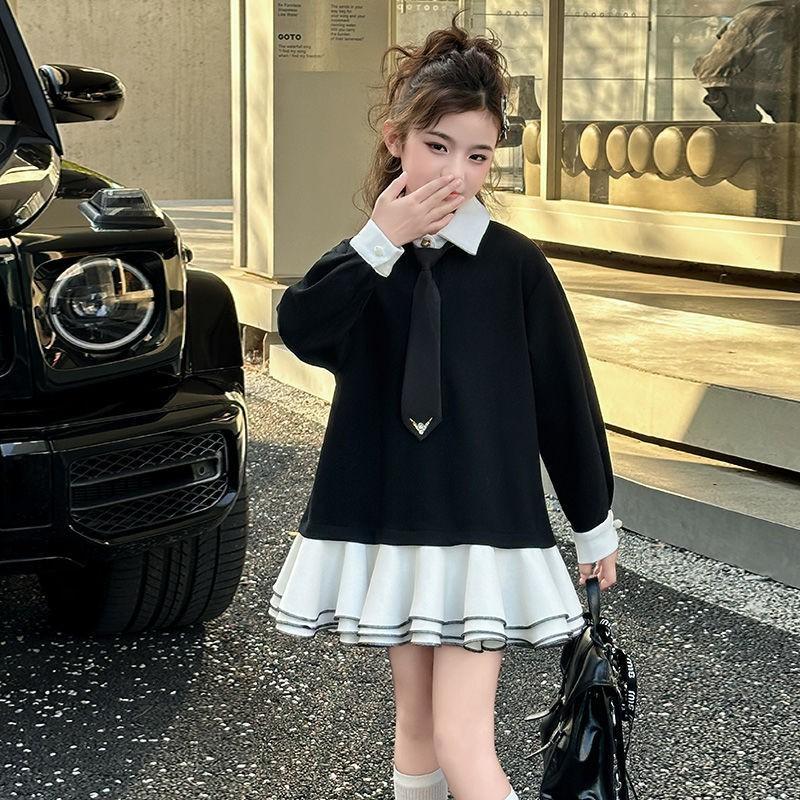 Girls Dresses Kids Long Sleeve Turn-down Collar Princess Dress Fashion Casual
