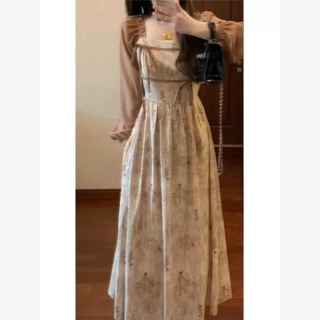 Cute Wear Autumn Fake Two-piece Design Niche Non-collision Large Size High-end Retro Coffee Break Floral Skirt