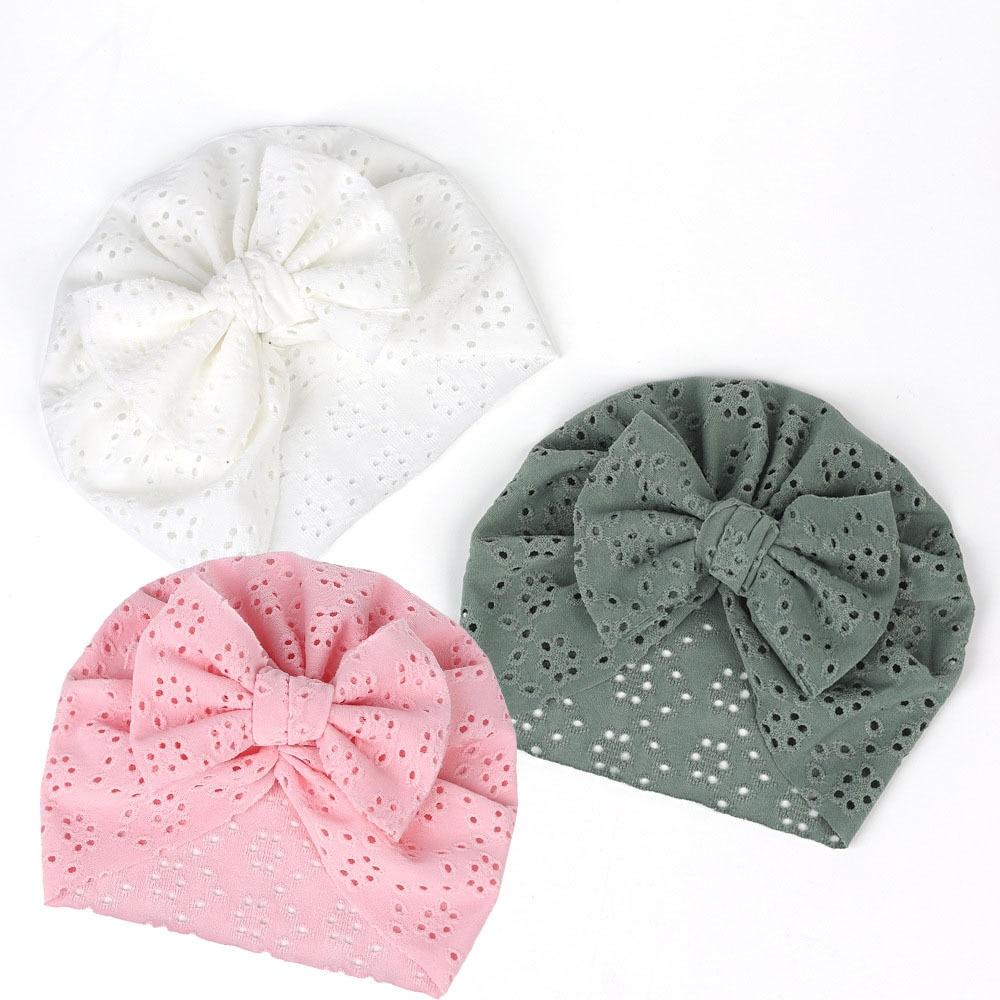 

3 Pack Baby Breathable Caps Set Cotton Newborn Sun Protection Bonnet with Bows - Solid Color White Pink Green Hypoallergenic