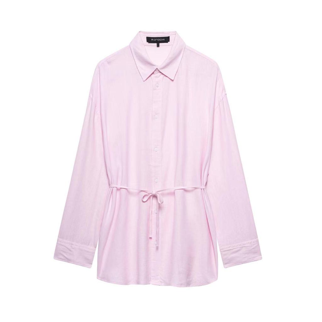 TAOP&ZA Women's Spring/Summer Waist-Tie Long Sleeve Shirt with Turn-Down Collar