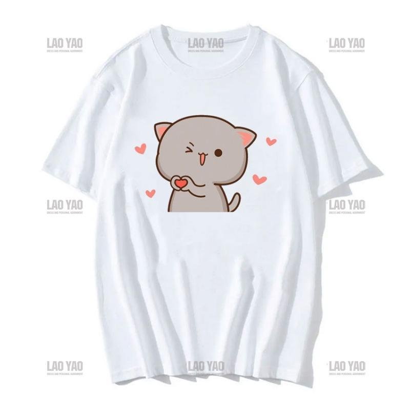 Lovely Peaches and Ash Ash T Shirt Szary Przyznaj się do błędu T-shirt Super słodki brzoskwiniowy kot kreskówka para nadruk T-shirt Unisex Unisex Topy Unisex