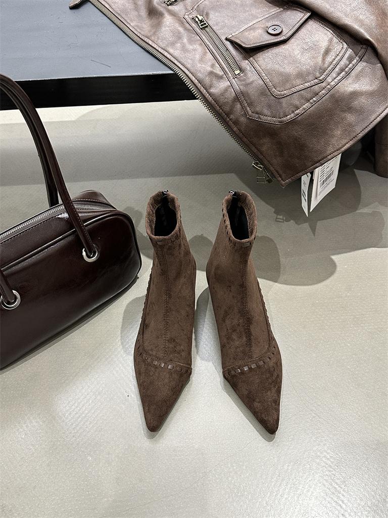 Korean niche fashionable suede thin heel short boots women's 2025 autumn and winter new commuting versatile zipper thin boots