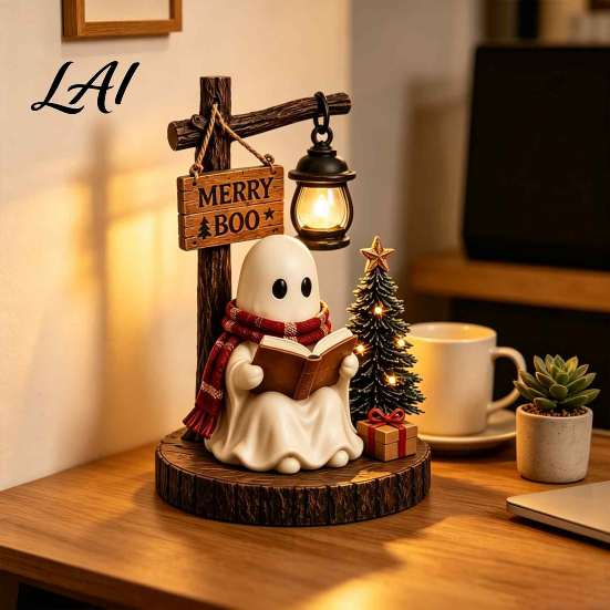 Autumn Harvest Decorations Halloween Ghost Figurine Vintage Cozy Reading Book/Walking Dog Statue with Lantern Healing Figurines Light Up Spooky