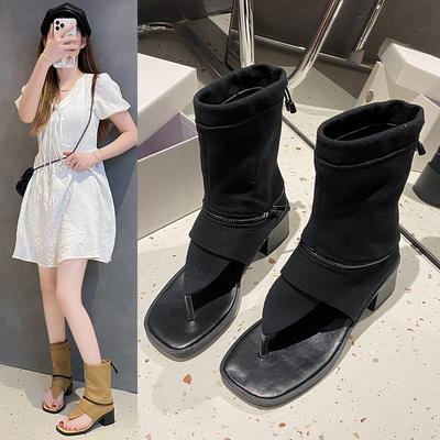 Herringbone Boots Spring and Summer 2025 New Fashion Open-toe Inner Height Increase Leather Pile Boots Two Wear Trouser Boots Sandals