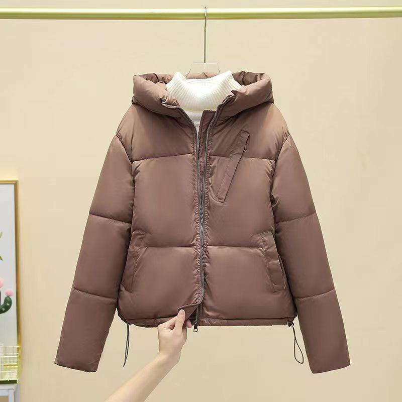 New short solid color women's pocket jacket thickened warm trend hooded small women's cotton clothes