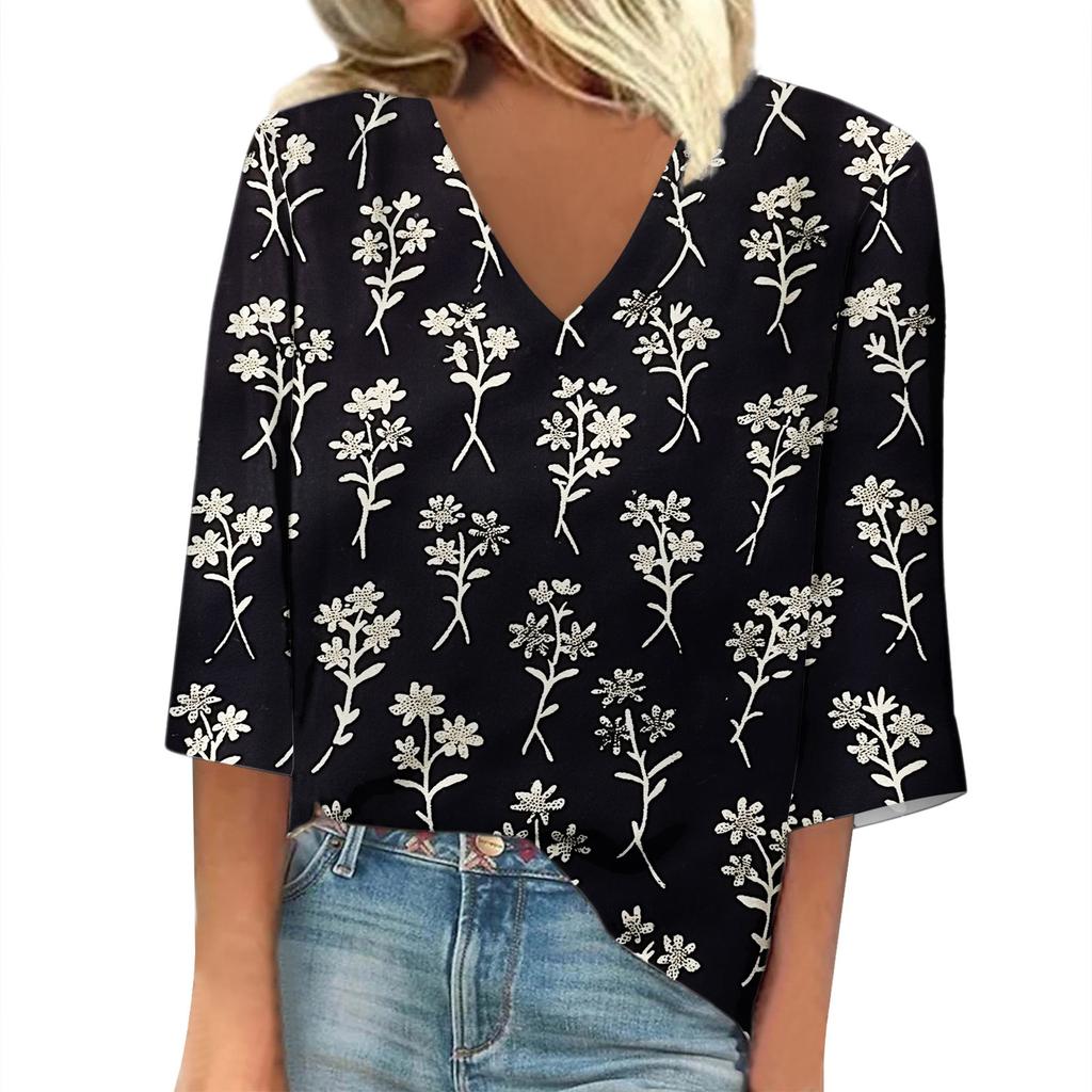 Women's Shirt Blouse Casual Loose Shirts 3/4 Sleeve Print V Neck Tops Print Tops T-shirts Tee