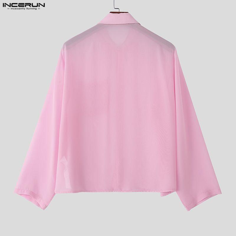 INCERUN Oversized Men Lapel Neck Drop Shoulder Long Sleeve See Through Mesh Shirts Tops