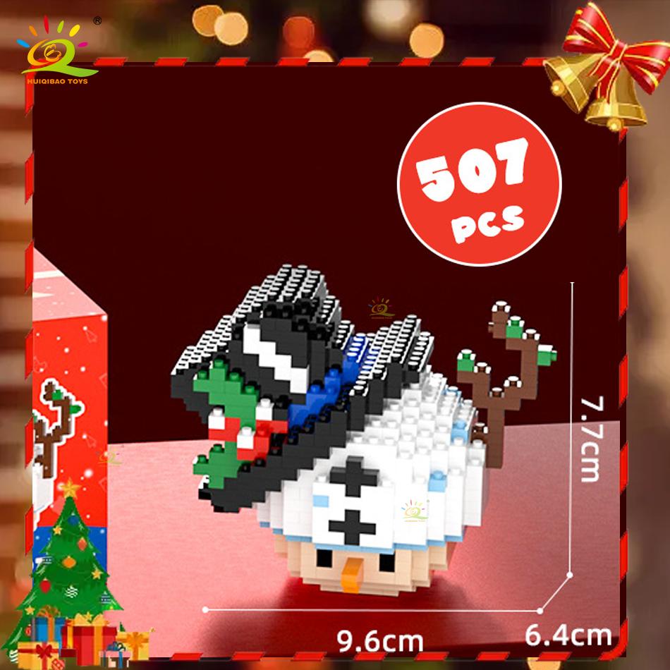 HUIQIBAO Mini Christmas Tree Santa Claus Children Train Model Micro Bricks Building Block Snowman Elk Bricks Toys New Year Gift