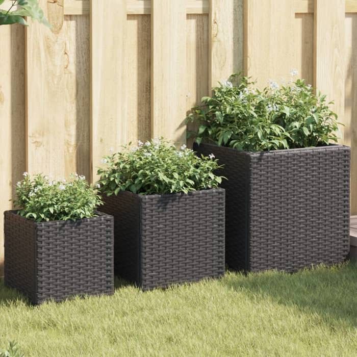 VidaXL Jardinières d'extérieur 3 pcs noir résine tressée, jardinière d'extérieur, bac à fleurs, bac à tomates, jardinière de 366395
