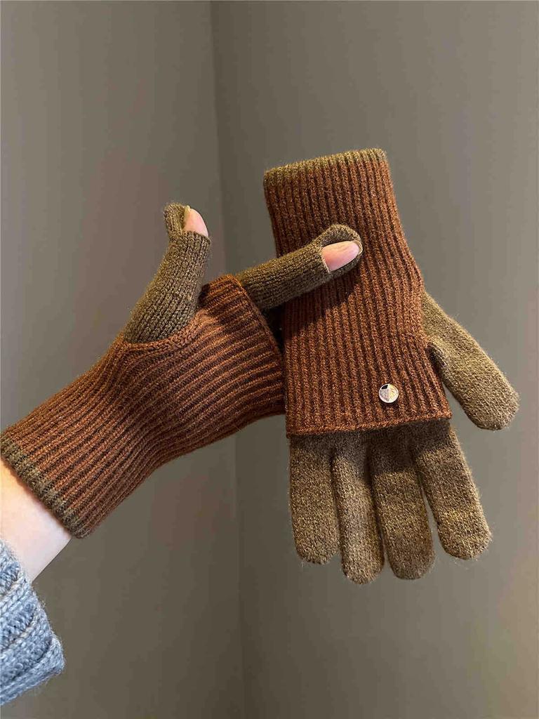 Maillard Wind Long Short Dual-purpose Color Matching Knitted Gloves Wool Can Be Played Mobile Phone Warm