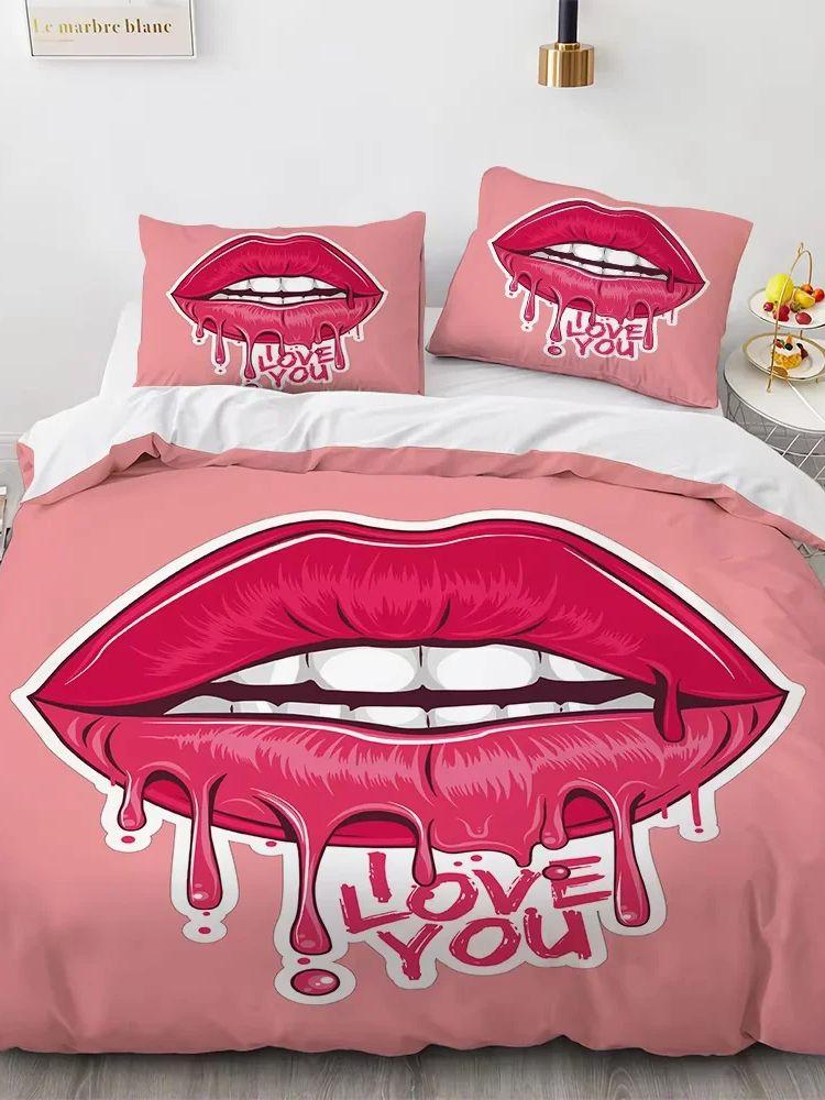 2026 NEW Couple Bedding Kiss Sketch Crimson Lips Kissing Guest Room Duvet Cover Set (1pc* Duvet Cover + 2pcs Pillowcase)