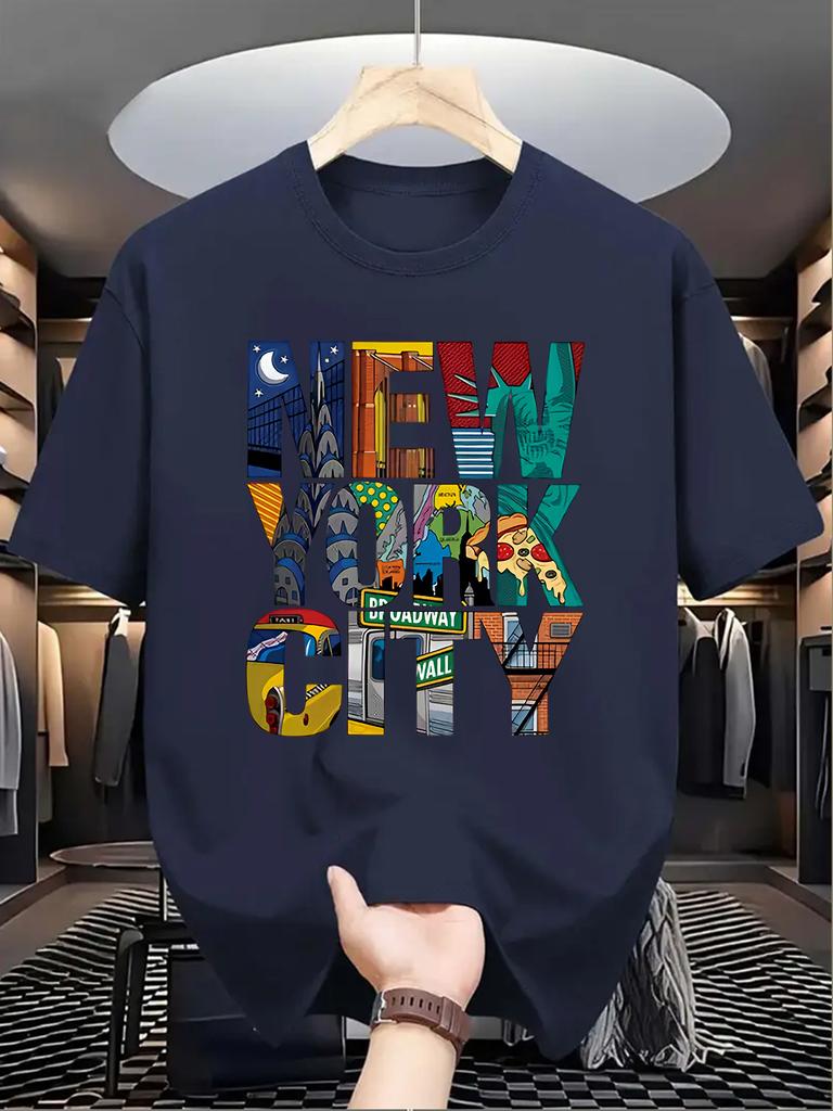 Men'S Casual Crew Neck T-Shirt with New York Letter Print, Knit Fabric, Slight Stretch, Regular Fit, Summer Short Sleeve Top