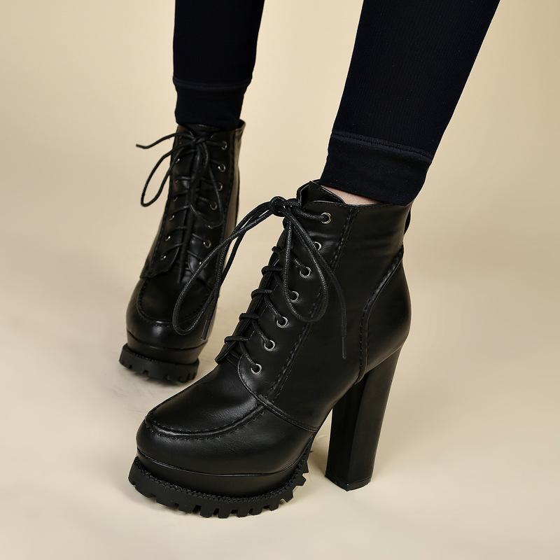 19-2 high heels thick heel short boots 10CM autumn and winter new waterproof platform thick-soled Martin boots front lace-up non-slip women's boots
