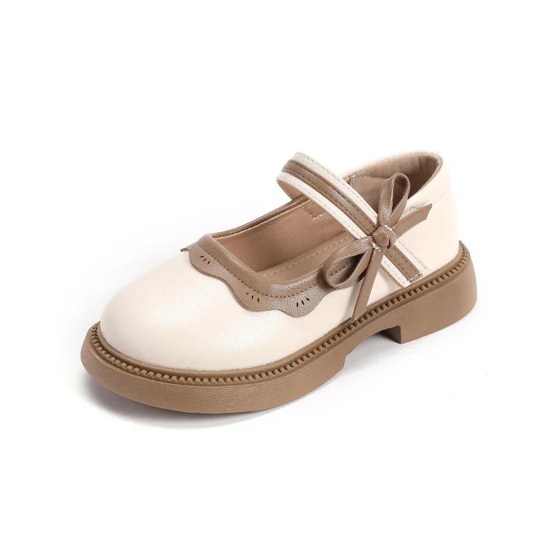 Autumn New Girl Leather Shoes Bowtie Black Beige School Causal Children Flat Elegant Round Toe Fashion Patchwork Kids Mary Janes
