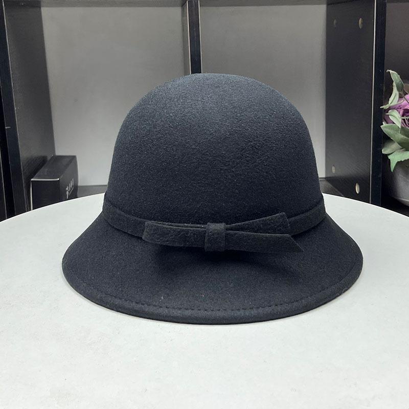 Hepburn small fragrant wind wool styling basin hat women's autumn and winter simple and elegant bow bucket hat small brim hat