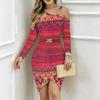 Women Plus Size Asymmetric Cold Shoulder Colorful African Tribal Geometric Print Wrap Bodycon Midi Dress