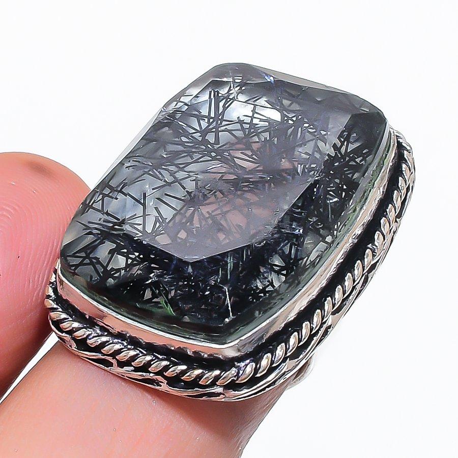 Natural Black Rutile Gemstone 925 Sterling Silver Jewelry Ring Size 8 i6R85