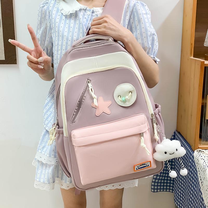 Campus Middle School Students New Fashion Schoolbag Women's Large-capacity Contrasting Color High School Students Backpack Cute Star Versatile Bag