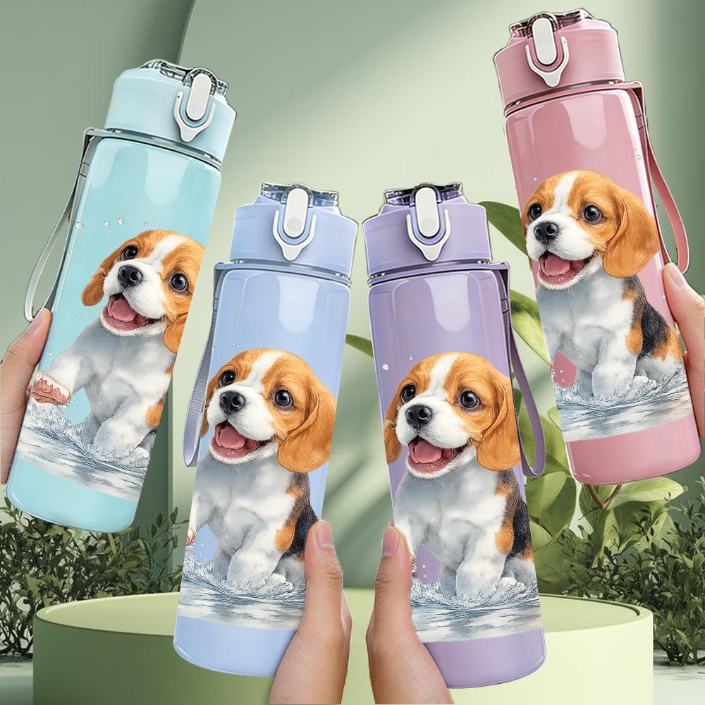 1 Pezzo Cucciolo di Beagle Ritratto con Schizzi d'Acqua 750ml Plastica Colorata Borraccia Sportiva Tappo Flip-Top Anti-Perdita Adatta per Sport Ufficio Uso Domestico