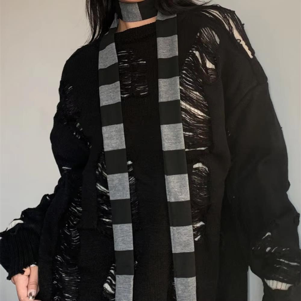 Women Harajuku Cotton Scarves Women's Striped Scarf Y2k Black Grey Stripe Long Scarves Decorative Neckerchief Casual Streetwear
