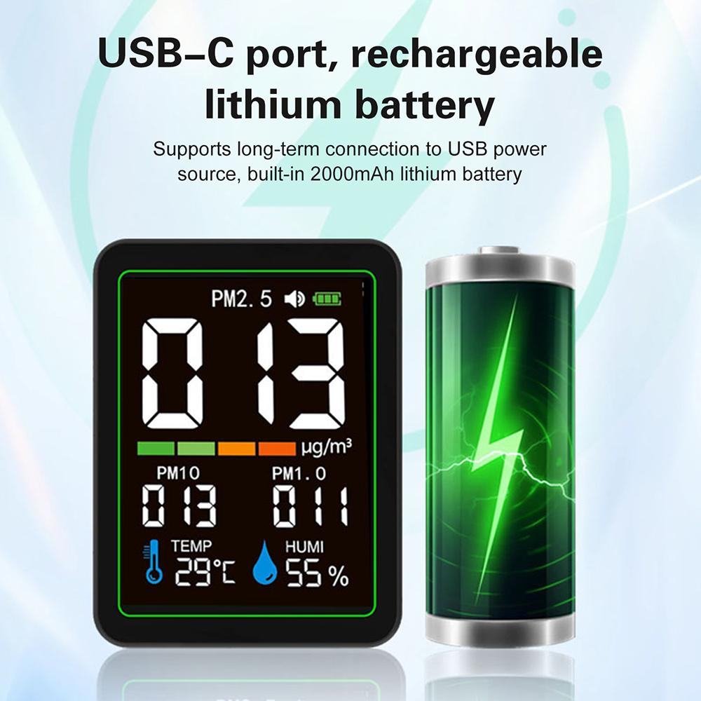 Laser Dust 5 In 1 Air Quality Detector PM1.0/PM2.5/PM10 Air Quality Tester Temp Humidity Meter Rechargeable Air Quality Monitor