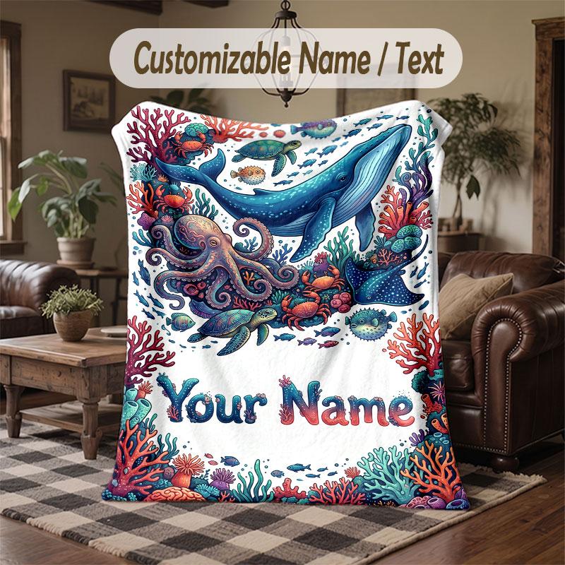 Mermaid Theme Throw Blanket Custom Name Text Personalized Blanket Soft Cozy Blanket for Home Sofa Bed