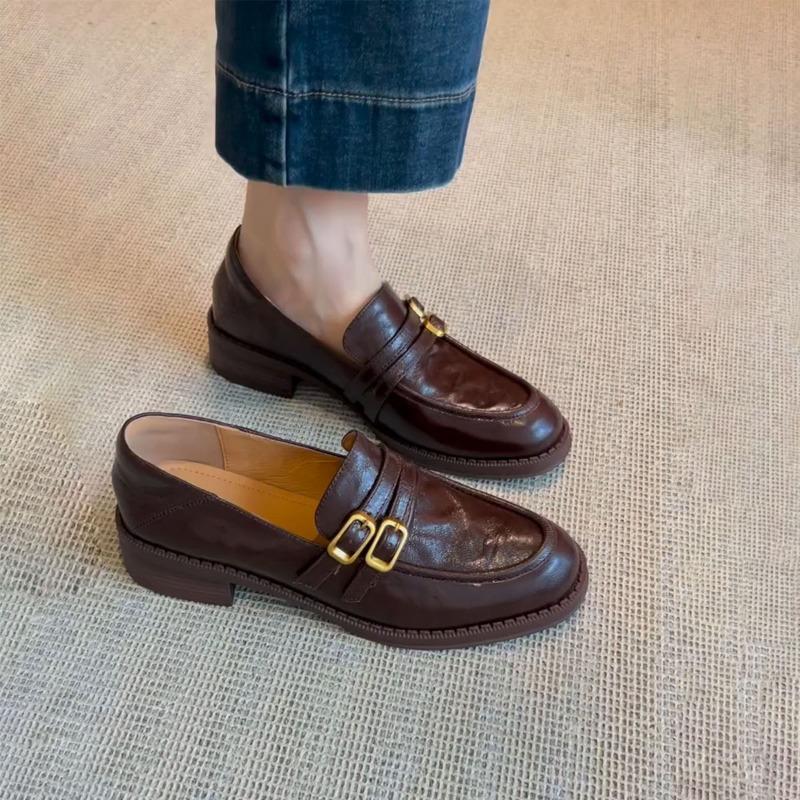 Cowhide version of small leather shoes one pedal lazy uniform shoes women's thick heel leather retro round head