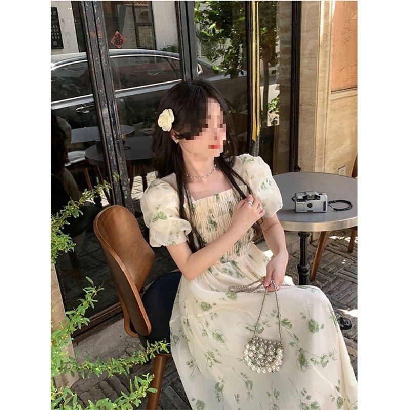 Platycodon style square collar floral dress summer popular women's clothing Mori temperament vacation super fairy princess dress