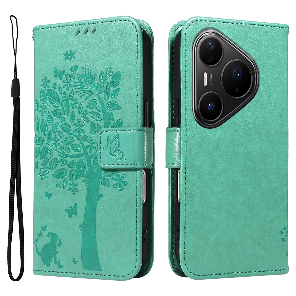 

For Huawei Pura 80 Pro+/Huawei Pura 80 Pro Phone Case with Stand Cat Tree Pattern Leather Wallet Mobile Cover Green