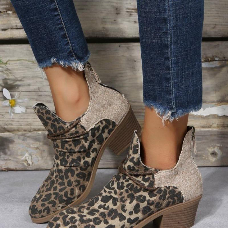 Round head high heel short boots women's autumn and winter leopard print thick heel pleated large size Martin boots rear zipper and bare boots