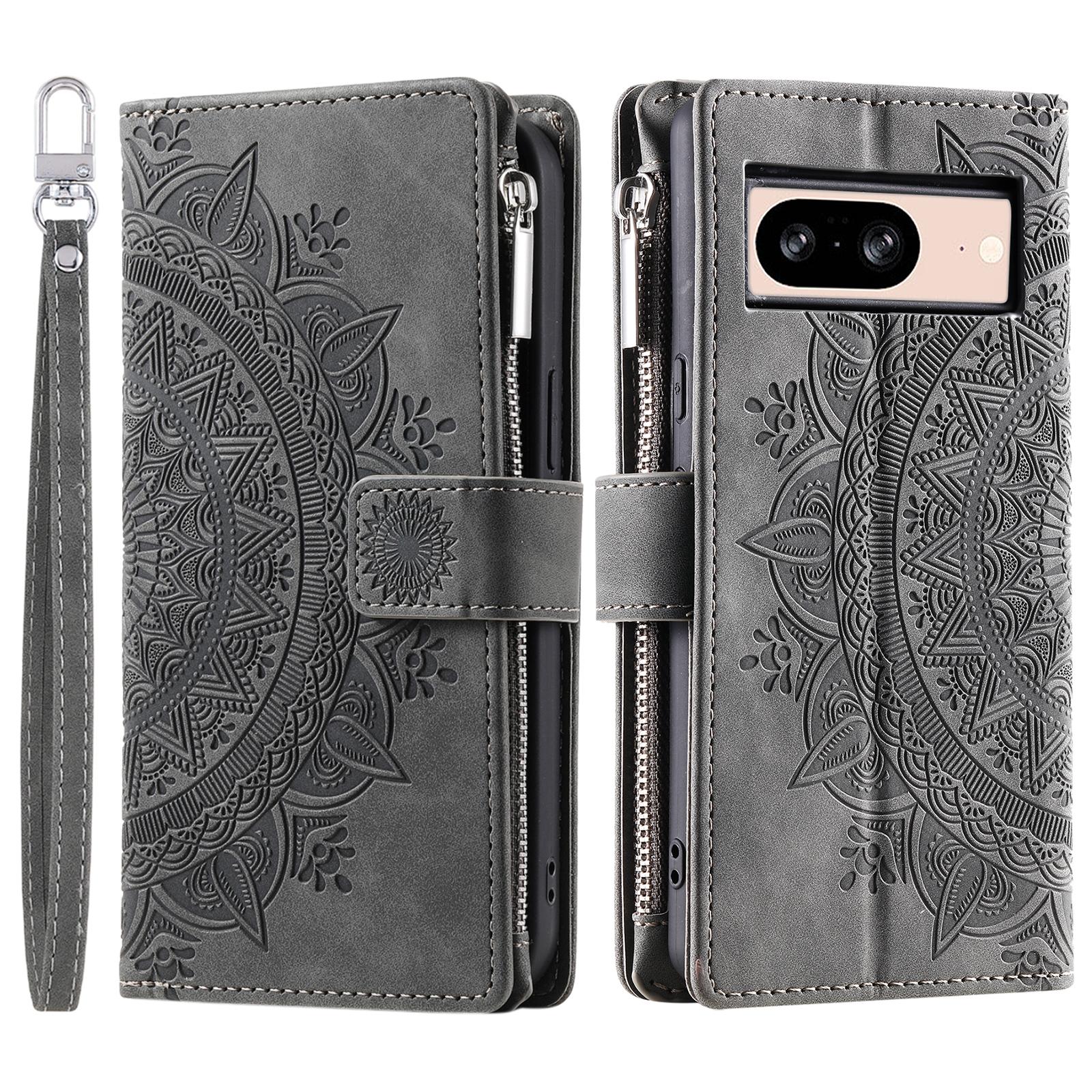

For Google Pixel 9/Pixel 9 Pro PU Leather Case Mandala Flower Pattern Phone Cover Wallet Grey
