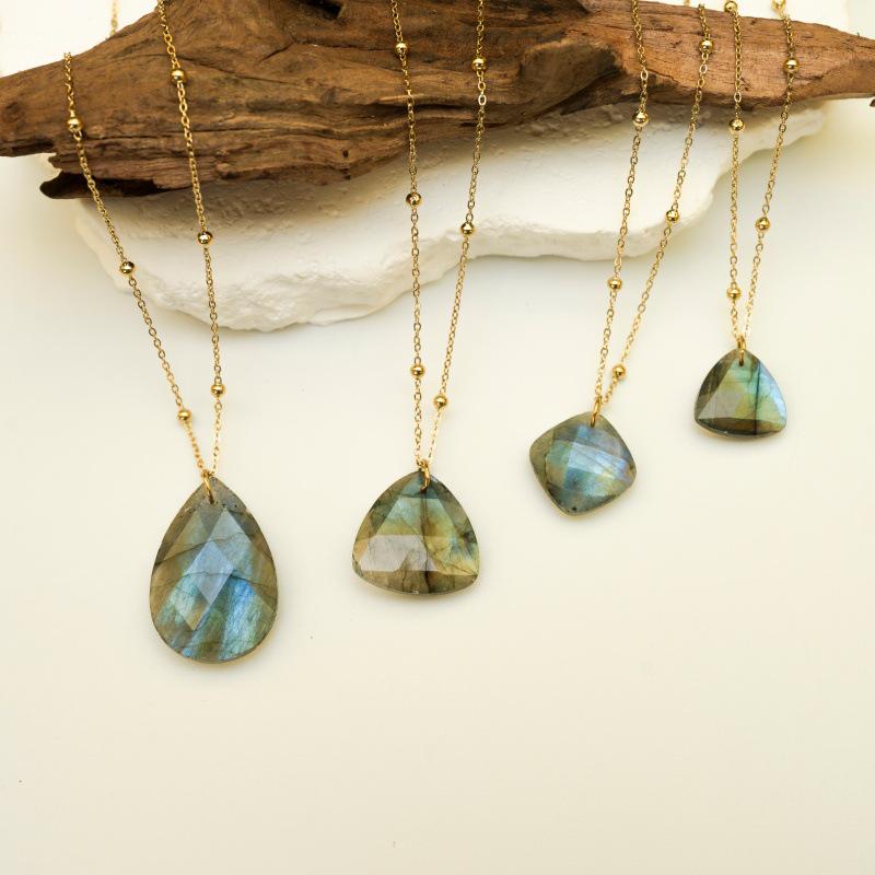 Elegant Blue Braided Rope Labradorite Necklace with Stainless Steel and Natural Stone Pendant