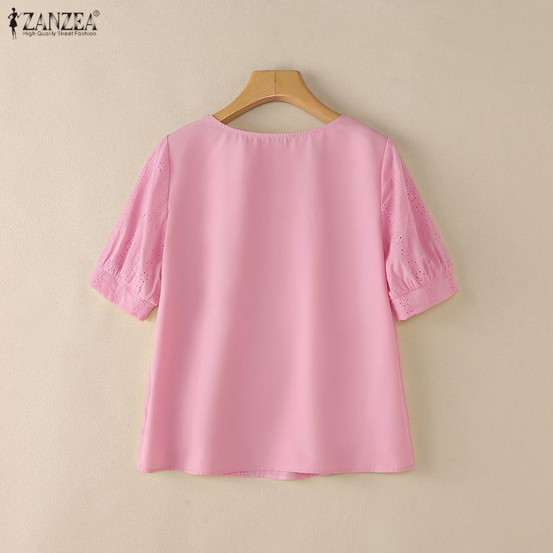 ZANZEA Women Casual Square Collar Short Sleeve Patchwork Crochet Blouse