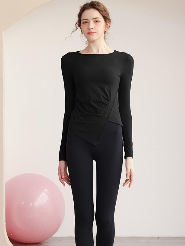 European & American Ruched Waist Long Sleeve Yoga Top - High Stretch Slim Fit