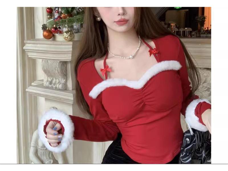 Trendy Spicy Girl Furry Halter Square Neck Long-Sleeve Base Layer Top L красный