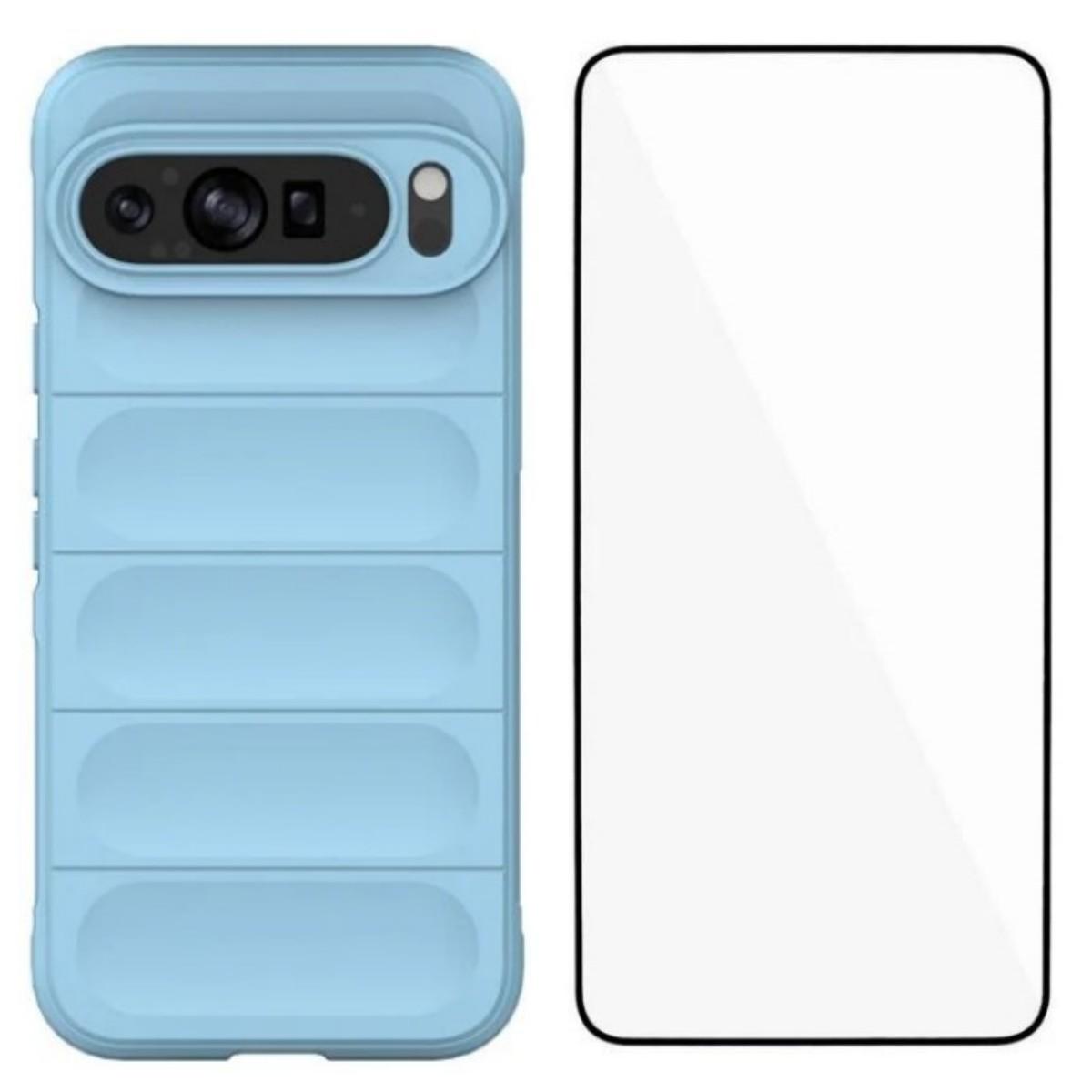 

For Google Pixel 9 Pro XL TPU Case WANLONFENG HD Series Anti Slip Phone Cover with Tempered Glass Baby Blue